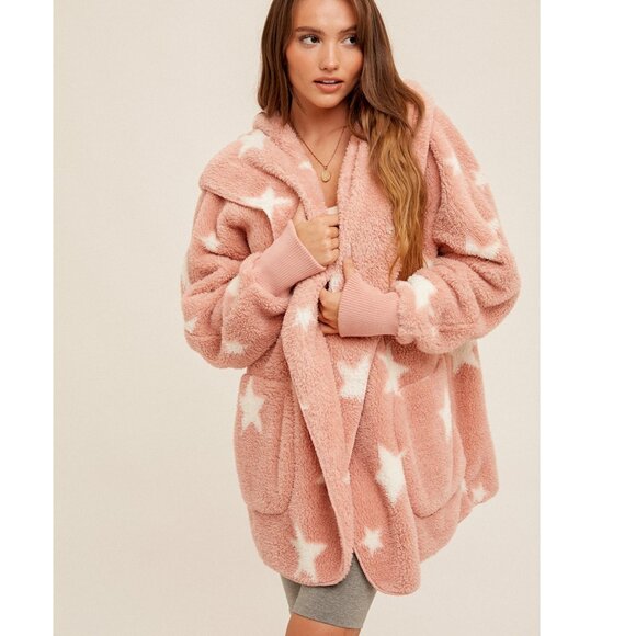 NEW Boutique Hooded Star Teddy Jacket Cozy Sherpa Fleece Weekend Furry Soft Warm - Picture 2 of 8